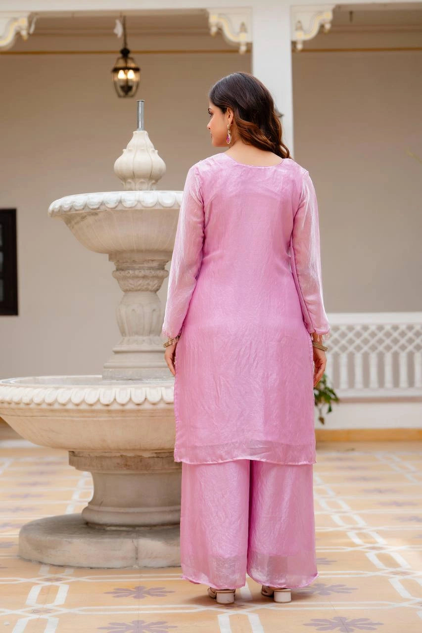 Light Pink Beads Work Suit – Straight Silhouette with Palazzo Bottom
